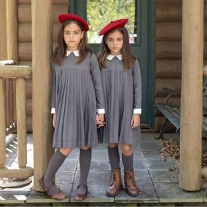 Nou Nelle Pleated Dress Teen Girls Sz 14 Gray White Peter Pan Collar Knee Length